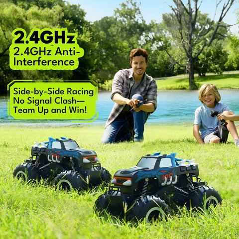 Family playing with 1to16 Scale Totally Waterproof Monster Truck RC Car Amphibious Remote Control Vehicle 4WD by lakeside