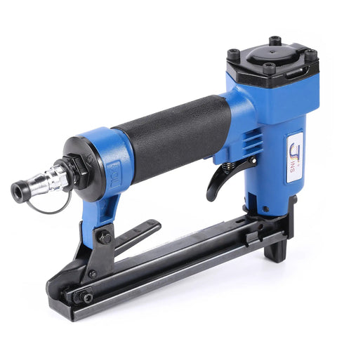 Heavy Duty 14 Gauge Brad Nailer With Touch Strike Safety Adjustable Exhaust Smooth Shooter For Woodworking Tasks, blue body with soft grip.