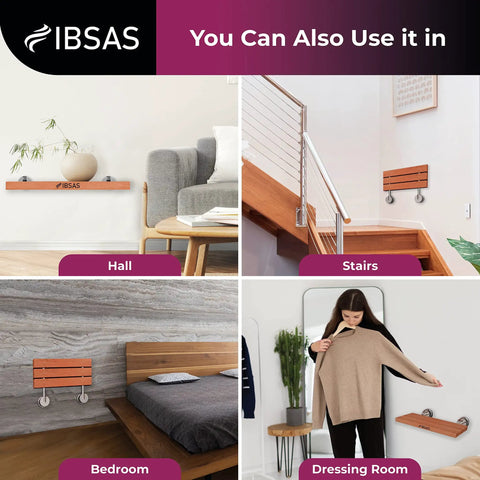 Folding Shower Seat With No Slip Mat For Inside Shower Wall Mounted Teakwood And Stainless Steel Bench Chair in various rooms.