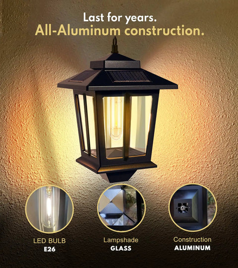 2 Pack Solar Wall Lanterns Outdoor LED Sconce With Four Solar Panels Dusk To Dawn Anti Rust Waterproof Aluminum Lanterns With Hooks 3000K Warm White Perfect Porch Patio Deck Lighting For Nighttime Vibe showing aluminum construction