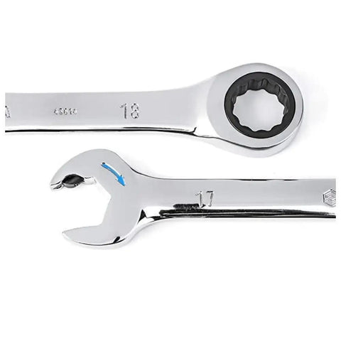 12 Piece Double Ratcheting Wrench Set Metric For Home Garage, chrome open and box end design, sizes 17 and 18 mm