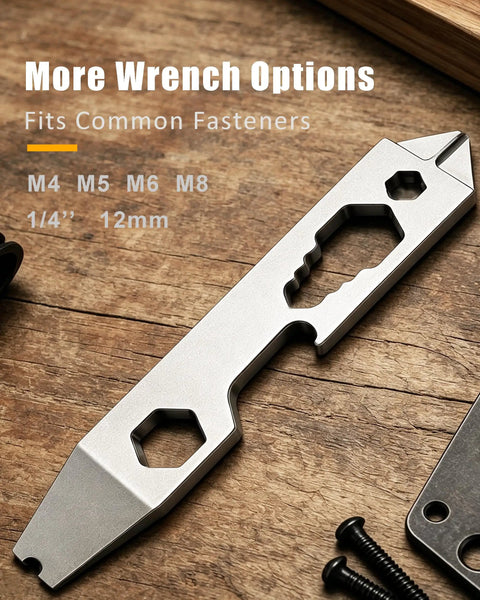 Close-up of Absolute Badass Titanium EDC Pry Bar And Multi Wrench Combo showing wrench openings for M4, M5, M6, M8, 1/4 inch, and 12mm.