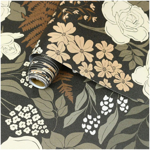 Peel And Stick Floral Wallpaper Removable Mural With Vintage Rose Leaf Pattern In Black Brown And Beige Easy No Mess Install Renters Friendly Vinyl Wall Covering 17.7 Inch By 9.8 Foot showing rolled vinyl material with floral design.
