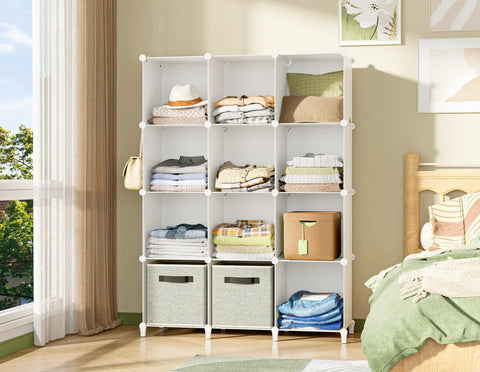12 Cube Closet Organizer System For Easy Home Storage, Portable Closet Shelves For Clothes, White Durable Plastic, in bedroom setting