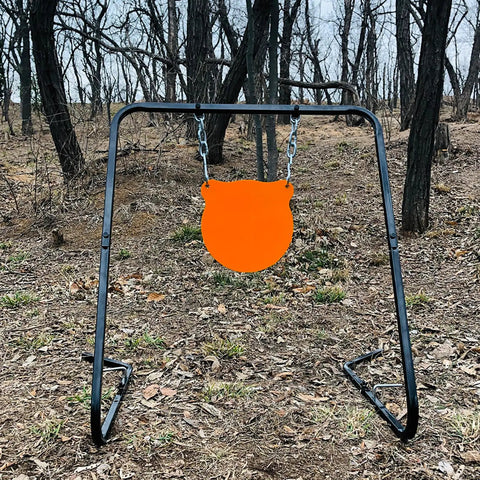 Portable Shooting Target Stand With Chain Mount Kit And Ten Inch Three Eighth Inch Gong Target For Range in forest scene