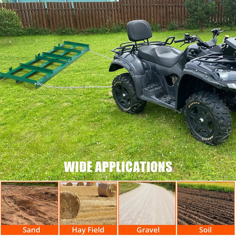 Heavy Duty Lawn Leveler Rake With 72 Inch By 10 Inch Size And 180 Degree Rotating Long Handle connected to an ATV