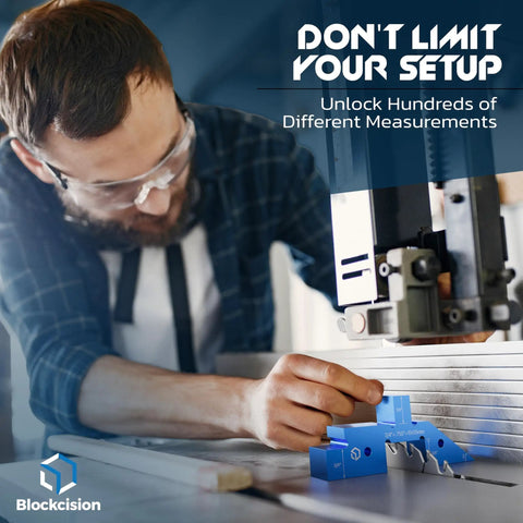 Man using Woodworking Setup Blocks Aluminum Height Gauge Set With Precision Ruler Marked Bars to align table saw.