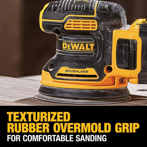 Close-up of 20V Max Brushless Random Orbital Sander Kit with Variable Speed 8,000 To 12,000 OPM, highlighting texturized grip.