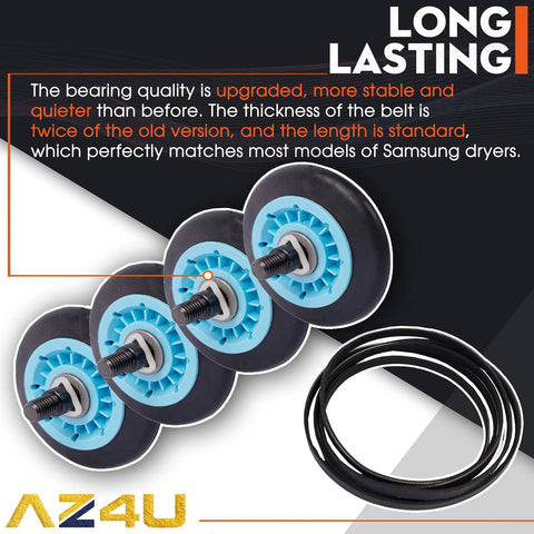 Dryer Repair Kit With Drum Rollers And Belt Pulley Replacement For Samsung Dryers, showing four rollers and belt detail.
