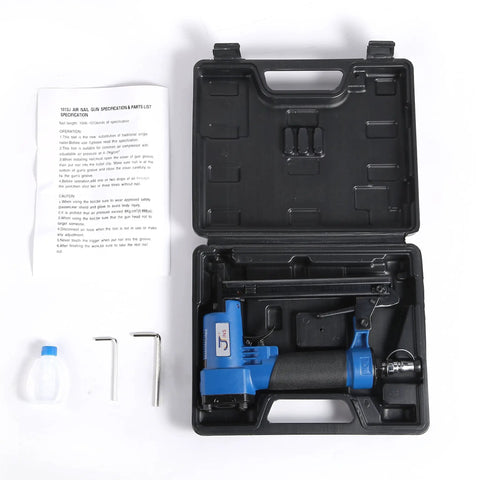 Heavy Duty 14 Gauge Brad Nailer With Touch Strike Safety Adjustable Exhaust in black case, includes instructions, accessories, and lightweight die cast aluminum body.