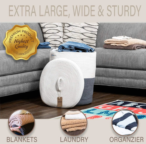 Large Laundry Basket With Lid Tall Woven Cotton Hamper For Blankets Clothes Toys in living room next to grey sofa