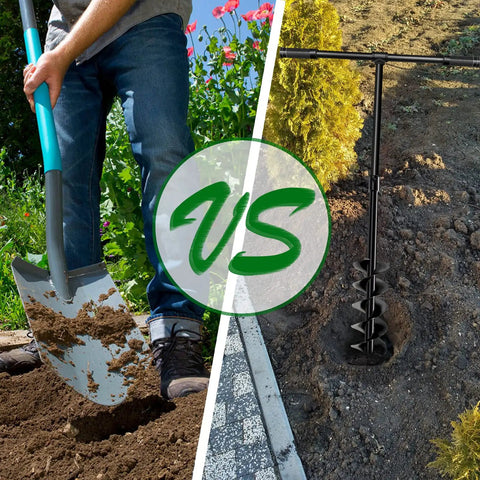 Comparison of manual shovel and Hand Drill Auger Post Hole Digger For Gardening 4 Inch Diameter by 38 Inch Length in soil digging