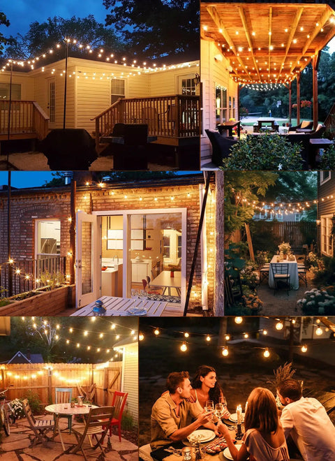 Outdoor patios decorated with G40 LED Replacement Bulbs 25 Pack, E12 Base, 2200K Warm White, creating a cozy ambiance.