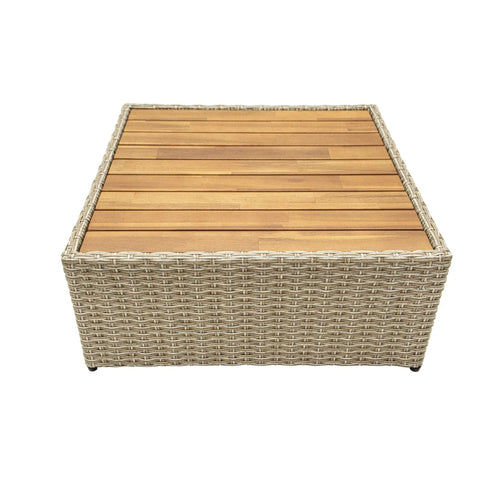 Top Shelf Wicker Patio Couch With Cabana Canopy And Ottoman Set Featuring Three Seat Bench Plus Coffee Table, detailed view of wicker coffee table with wood top.