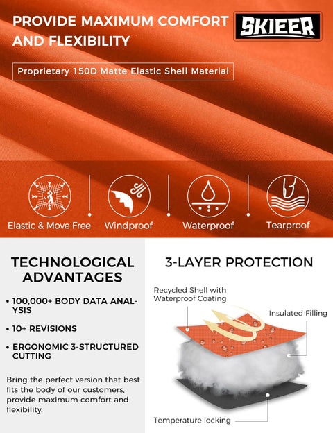 Men's Waterproof Ski Jacket With Fleece Liner, Rainproof Warm Snow Coat material features, 10,000mm Waterproof Rating, Orange Large
