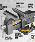 Four And A Half Inch Bench Vise With Heavy Duty Forged Steel Construction Built In Pipe Jaw And Swivel Base for woodworking.