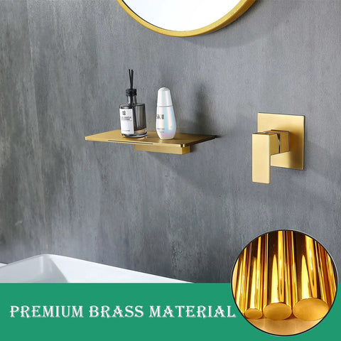 Wall Mount Waterfall Bathroom Sink Faucet In Gold Brass With Wide Spout Wall Mounted Bathroom Faucet Featuring Upgrade Rough In Valve Body