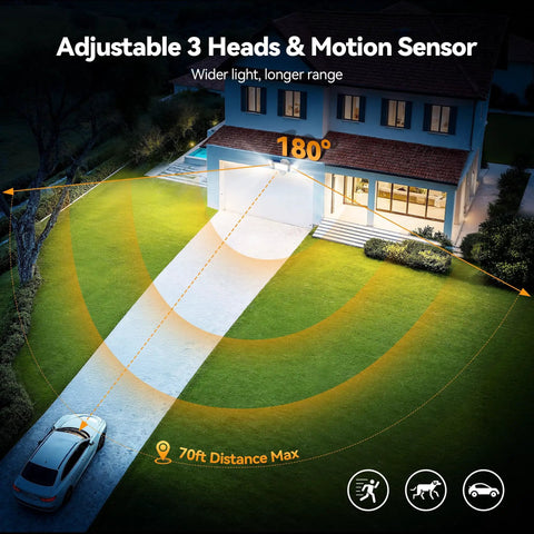Three Head Outdoor Motion Sensor Flood Light With Remote, 7500 Lumens, 150 LED Beads, illuminating a driveway.