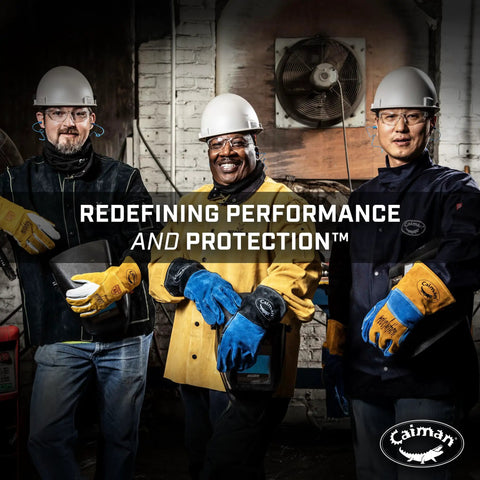 Three welders wearing Premium Split Cowhide MIG And Stick Welding Gloves With Wool Lining Kontour Fit Kevlar Protection.