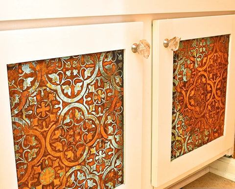 Cabinet panels with intricate rust effect using Rust Activator For Metal Effects 1 Gal PA904 Water Based Acidic Solution To Pre Treat Reactive Iron Metallic Paint Easy Application Converts Metal To Realistic Rust Look Ideal For Diy Projects And Crafts