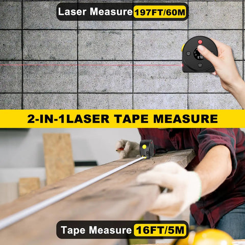 Dual Mode Laser Tape Measure 164 Foot Range With 16 Foot Manual Tape Digital Laser Ruler With Metric Inch And Foot Units LCD Display in use