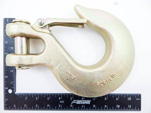 Heavy Duty Clevis Safety Slip Hook With Secure Latch Ready For Tow Straps And Trailer Rigs Crafted From Top Notch Grade 70 Steel serving a 19250 lbs load limit.
