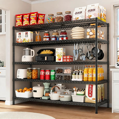 Heavy Duty Five Tier Garage Storage Shelving Unit Featuring An Adjustable Metal Wire Build With Rock Solid Craftsmanship designed for pantry storage.