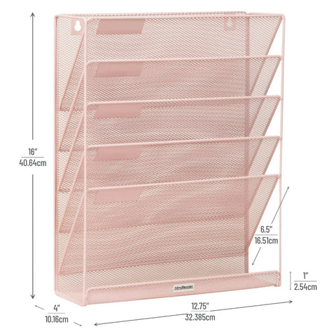 Top Shelf Pink Metal Mesh Vertical File Storage Desktop Organizer With Hella Angled Pockets For Folders And Documents Wall Mount ready, 12.75x4x16 inches.