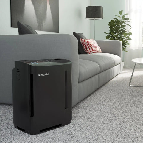 Air Purifier Replacement Filters For Revive 1 Year Standard Pack With Two HEPA Filters And One Activated Carbon Filter next to sofa
