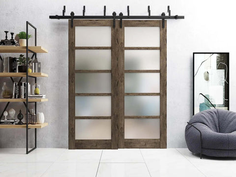 Quadro 4002 Interior Barn Bypass Sliding Doors with Frosted Glass and MDF in Black Modern Style hardware installed in living room.