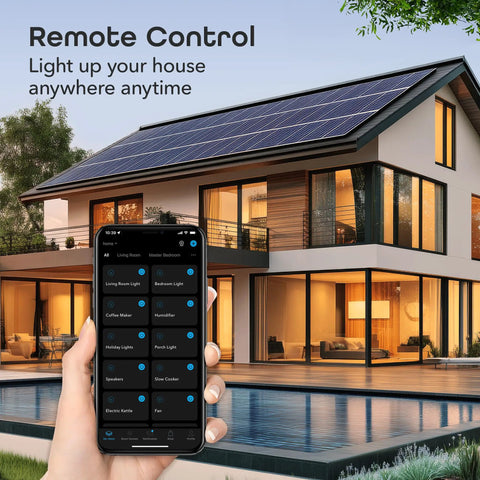 Person using Dot Smart Plug With 2.4GHz WiFi, Compact Fire Resistant Outlet With Schedule And Timer app to control home lights remotely.