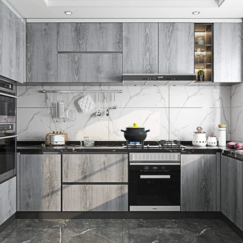 Modern kitchen with Gray Wood Grain Contact Paper 24x200 Self Adhesive Peel And Stick for Cabinets applied on wooden cabinets.