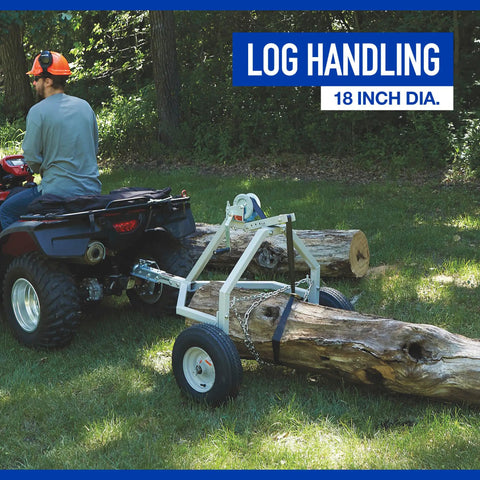 Heavy Duty Atv Log Skidding Arch Rated One Thousand Pounds features rugged steel build towing an 18-inch diameter log.