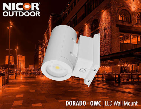 Dorado 35W Round LED Wall Mount Outdoor Cylinder Light 3000K White Easy On The Power Bill 90 Plus Lumens on urban background
