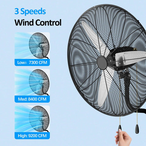 26 Inch High Velocity Wall Mount Fan With Dual Pull Cord, Heavy Duty Oscillating Industrial Fan Delivers Up To 9200 CFM, 3 speeds