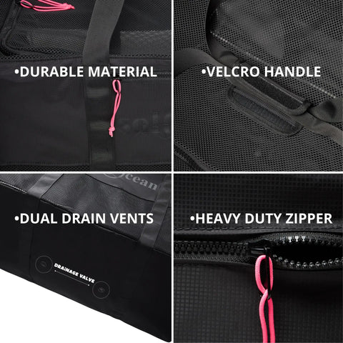 Close-up of XL Mesh Duffle Dive Bag Packable Roll Up 100L for Scuba Snorkeling Gear, showing velcro handle and drainage vents details.