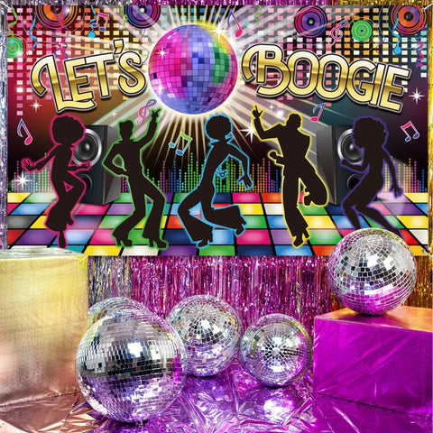 Disco Theme Photo Booth Backdrop Lets Boogie For 60s 70s 80s 90s Parties, large fabric with dancers and disco balls, 72.8 x 43.3 inches