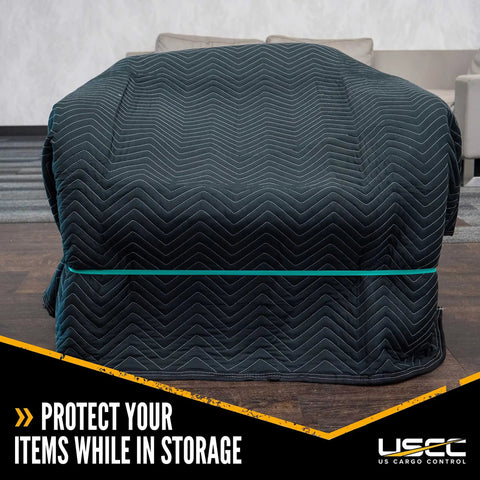 Heavy Duty Moving Blankets 80 by 72 Inches 4 Pack Quilted Furniture Pads covering sofa, black quilted fabric visible.