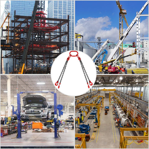 Happybuy 5 ft chain sling with four legs for engine lifting; 5/16 in G80 alloy steel, 3-ton capacity.