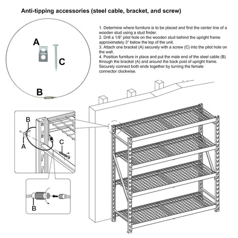 Anti-tipping accessories diagram for Rock Solid Five Tier Aluminum Storage Shelving Rack With Adjustable Heavy Duty Platforms.