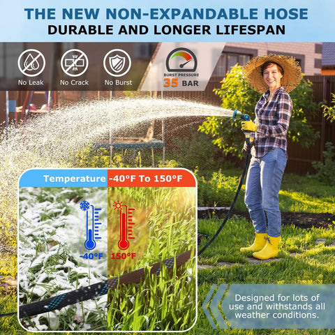 Front view: KETTOYA non-expanding garden hose, 100 ft, spray nozzle, in backyard