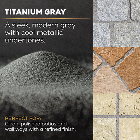Titanium Gray Heavy Duty Polymeric Sand For Patio Paver Joints And Stone Gaps Featuring Ceramic Flex Technology Killer Stability No Sweat Setup 10 Pound Bag, showcasing sleek gray sand texture.