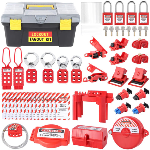 Pro Grade 73 Piece OSHA Compliant Lockout Tagout Kit With Padlocks Hasps Tags Circuit Breaker Electrical Plug Ball Gate And Cable Locks