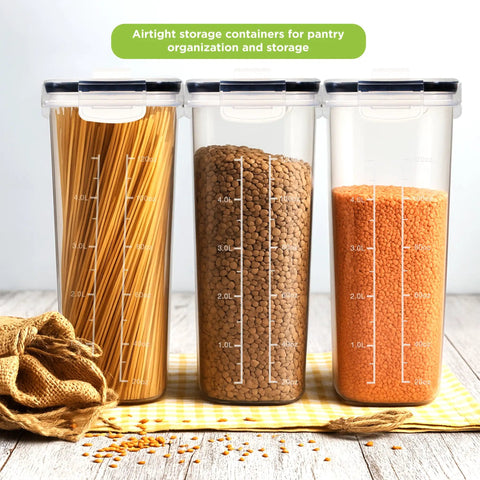 4 Pack Cereal Storage Containers, 4L Airtight Food Jars With Lids, BPA-Free Clear Canisters For Pantry Organization, filled with dry foods