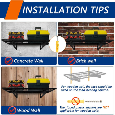 Installation tips showing 2 Pack Heavy Duty Garage Wall Shelves 1.5 By 3 Feet Each Wall Mounted Floating Storage Rack Black Durable Powder Coated Steel on concrete, brick, and wood walls