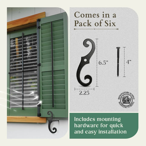 6 Pack 6.5 Inch S Style Cast Iron Shutter Dogs With Rust Resistant Powder Coated Finish External Shutter Tieback Hardware Display