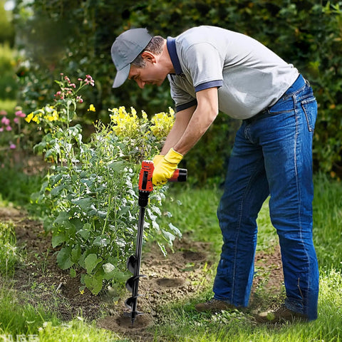 Man using Heavy Duty Garden Auger Drill Bit Shredding Rocky Clay Dirt Like Hot Butter to plant bulbs in garden herbs.