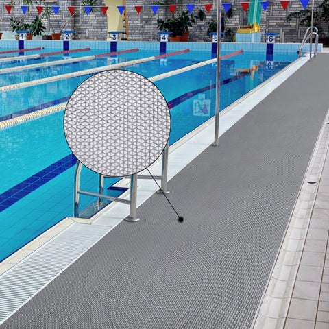 Commercial Drainage Mat Non Slip Floor Mat 3x10 Ft 0.22 Inch Thick for wet areas around a swimming pool, grey color, cushioned surface