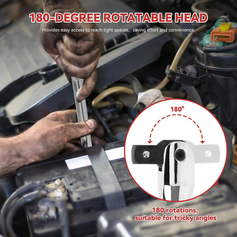 Heavy Duty 10 Piece Breaker Bar Set Featuring 180 Degree Swivel Head with mechanic using it for auto repair.
