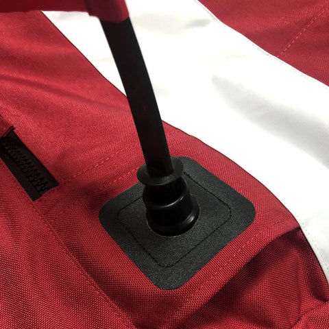 Close-up of red and white Freediving Pro-Grade Buoy With Inner Tube And 8 Inch Dive Flag Cover, zippered storage compartment visible
